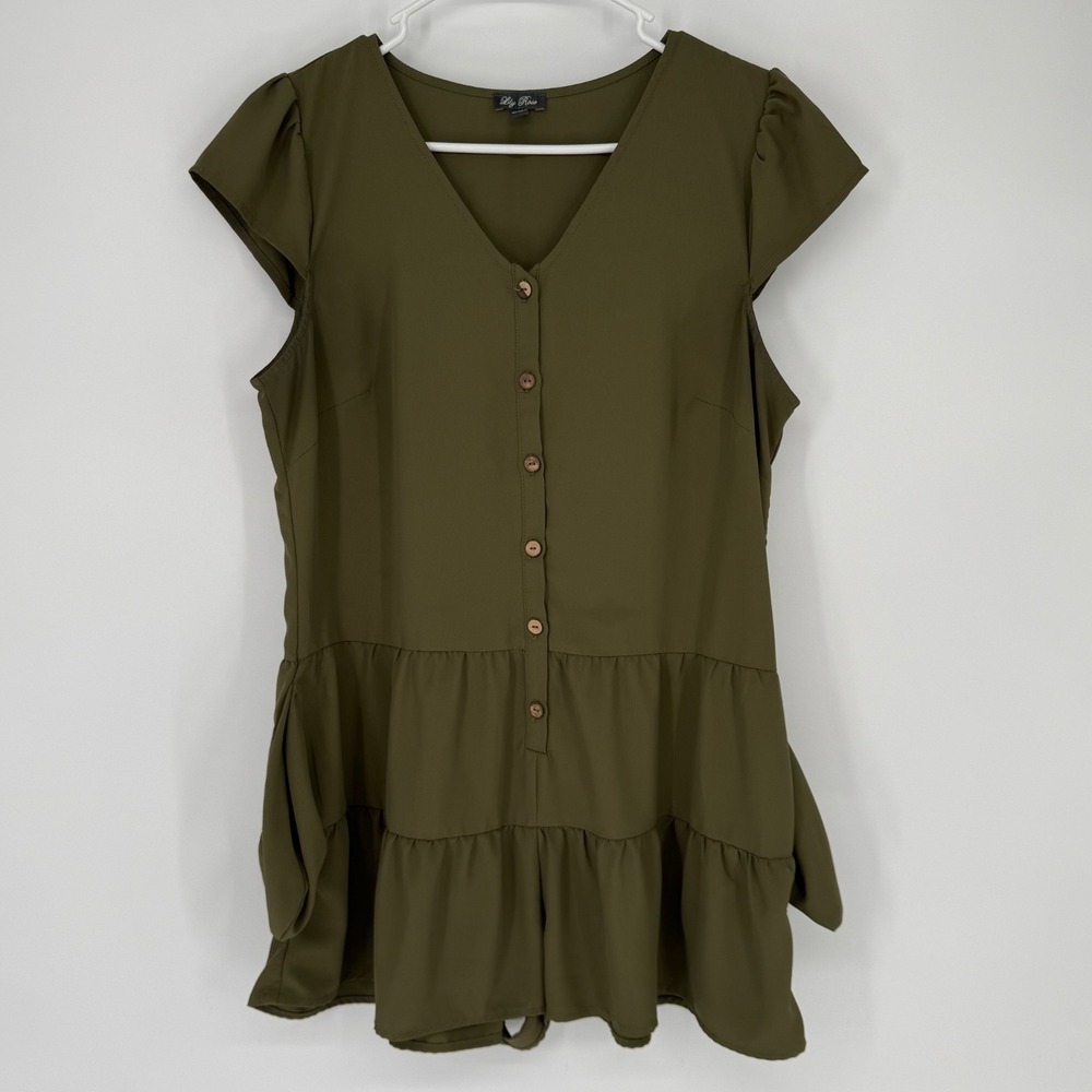 Lily Rose Romper Womens Large Olive Green Button Down Pockets Casual Beach